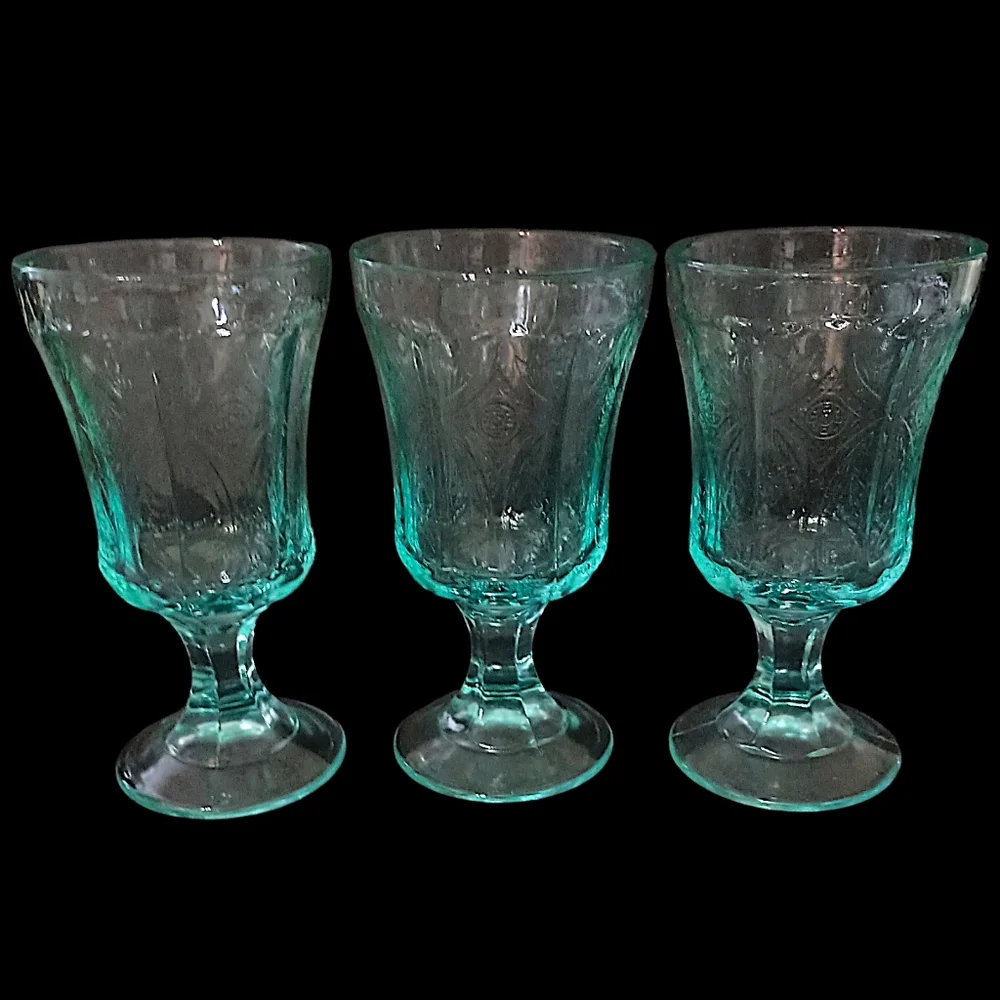 3 Indiana Glass‎ Recollection Goblet Glass Teal Aqua Vintage Beach Cottage House